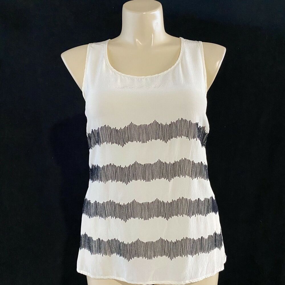SABA‎ 14 Tunic Top Off White Black Embroider Zig Zag 100% Silk Chiffon A Line
